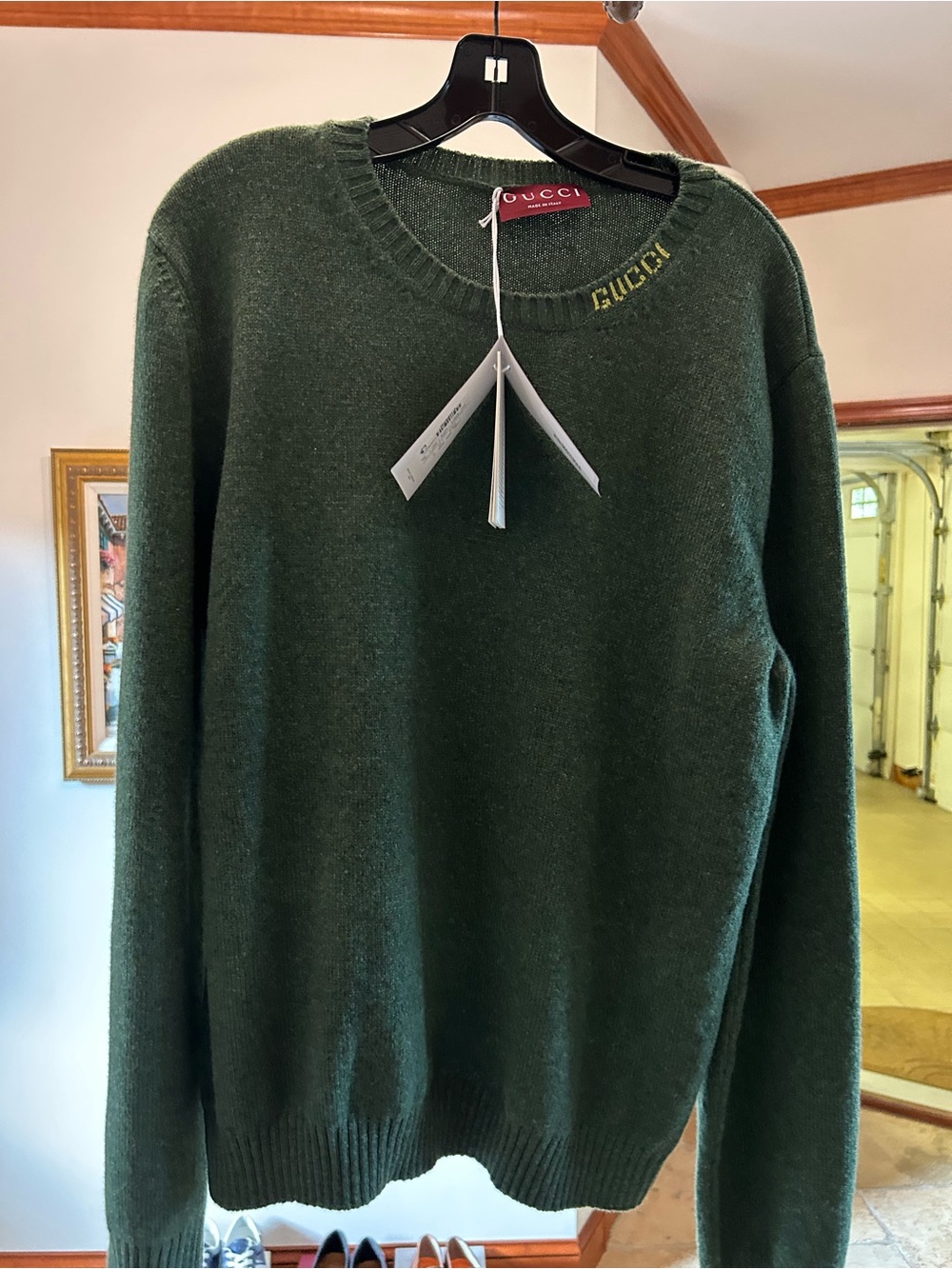 Men's Gucci Green felted wool crewneck gold logo sweater size XXL made in Italy